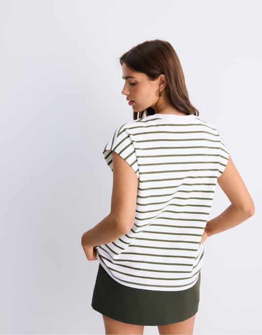 Stradivarius gestreept T-shirt met verlaagde mouwen in kaki, 3 van 7