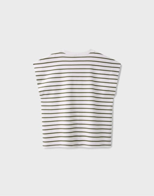 Stradivarius gestreept T-shirt met verlaagde mouwen in kaki, 7 van 7