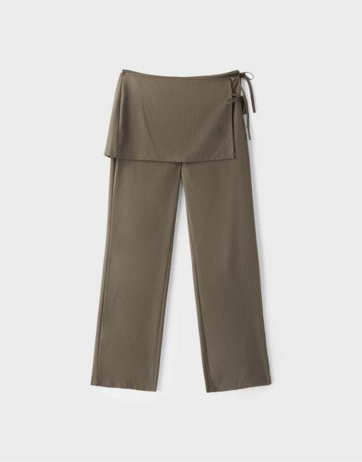 Stradivarius gestreepte broek met rechte pijpen en roklap in kaki, 6 van 7