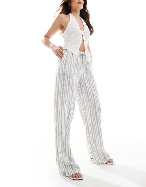 Stradivarius - Gestreepte broek van linnenmix met elastische taille - view 1