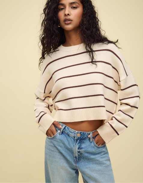 Stradivarius - Gestreepte cropped gebreide sweater in vanille - view 1