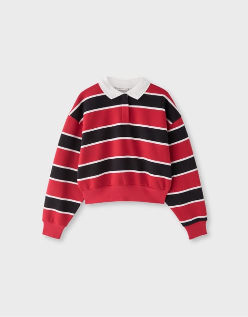 Stradivarius gestreepte polosweater in rood, 6 van 7
