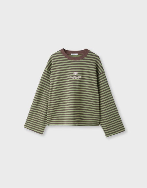 Stradivarius gestreepte sweatshirt in kaki, 6 van 7