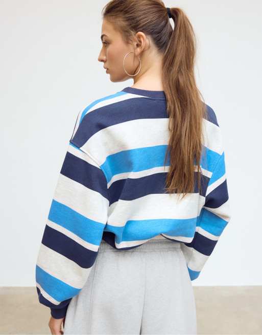 Stradivarius gestreepte sweatshirt met pofzoom in grijs gemêleerd, 3 van 6