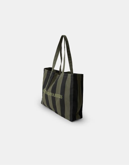 Stradivarius gestreepte tote tas in kaki, 4 van 4