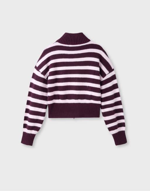 Stradivarius gestreifte Strickjacke mit Reißverschluss in Dunkellila, 7 von 7