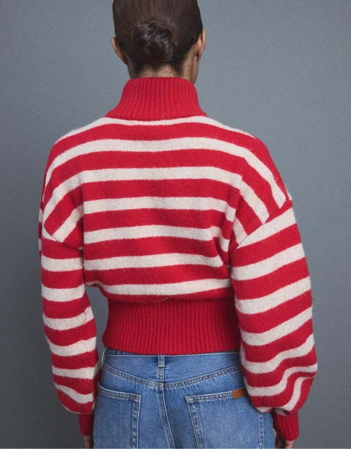 Stradivarius gestreifte Strickjacke mit Reißverschluss in Rot, 3 von 7