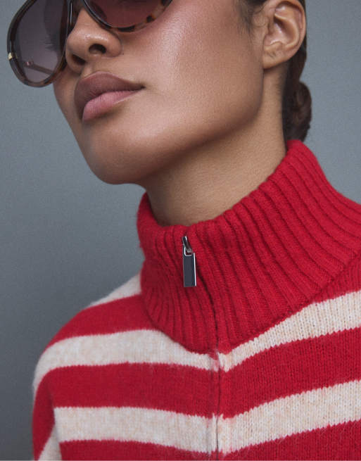 Stradivarius gestreifte Strickjacke mit Reißverschluss in Rot, 4 von 7