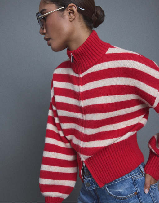 Stradivarius gestreifte Strickjacke mit Reißverschluss in Rot, 5 von 7