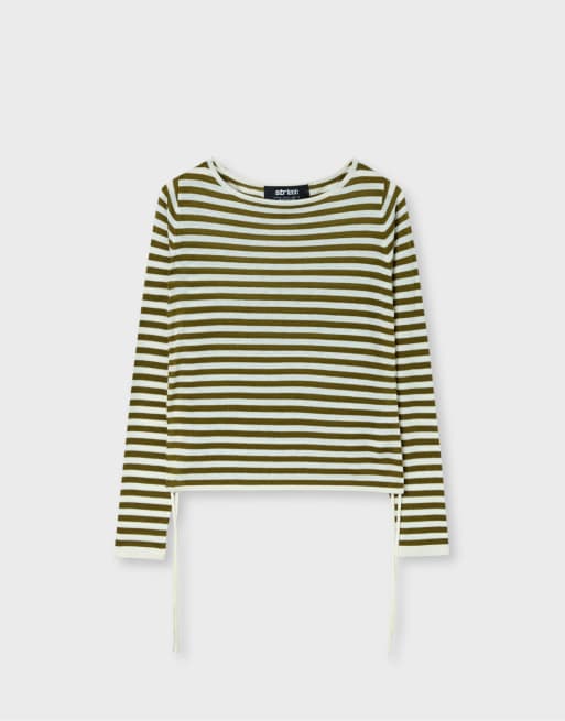Stradivarius gestreifter Pullover mit seitlicher Raffung in Khaki, 6 von 7