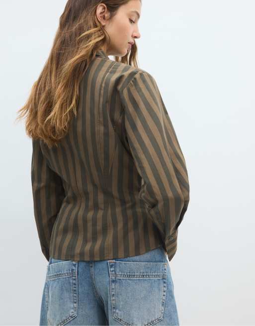 Stradivarius gestreiftes Hemd in Khaki, 3 von 7