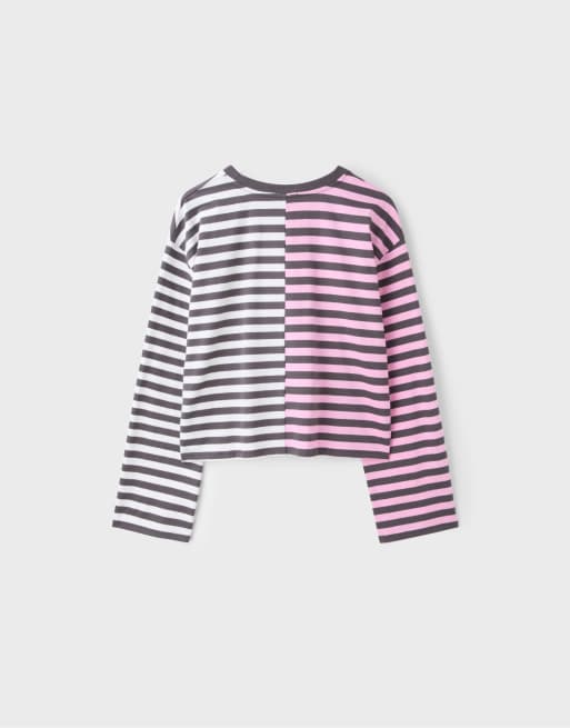 Stradivarius gestreiftes Langarm-T-Shirt in Pink und Grau, 6 von 6