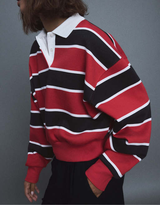 Stradivarius gestreiftes Polo-Sweatshirt in Rot, 2 von 7
