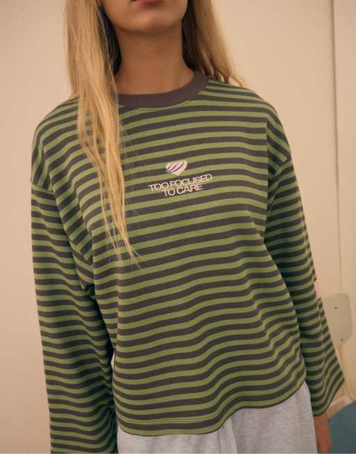 Stradivarius gestreiftes Sweatshirt in Khaki, 4 von 7
