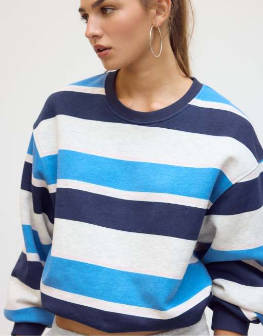 Stradivarius gestreiftes Sweatshirt mit Puffsaum in Graumeliert, 4 von 6