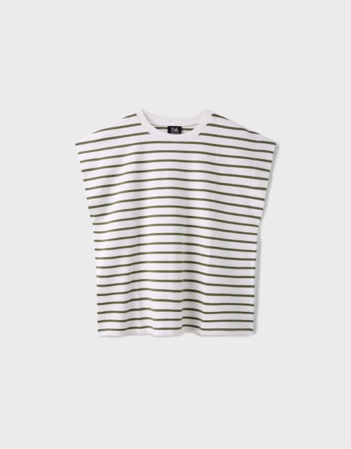 Stradivarius gestreiftes T-Shirt mit überschnittenen Ärmeln in Khaki, 6 von 7
