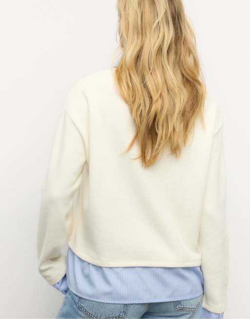 Stradivarius – Gestricktes T-Shirt aus zwei Materialien in Ecru, 2 von 4