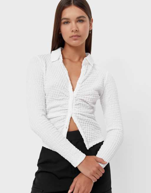 Stradivarius - Getextureerd 90s overhemd met stretch in wit