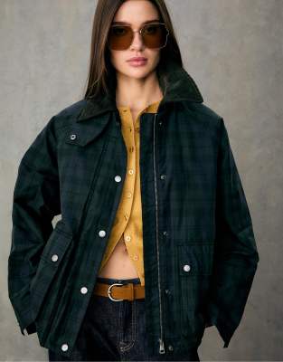 Stradivarius - Gewachster Parka in kariertem Marineblau