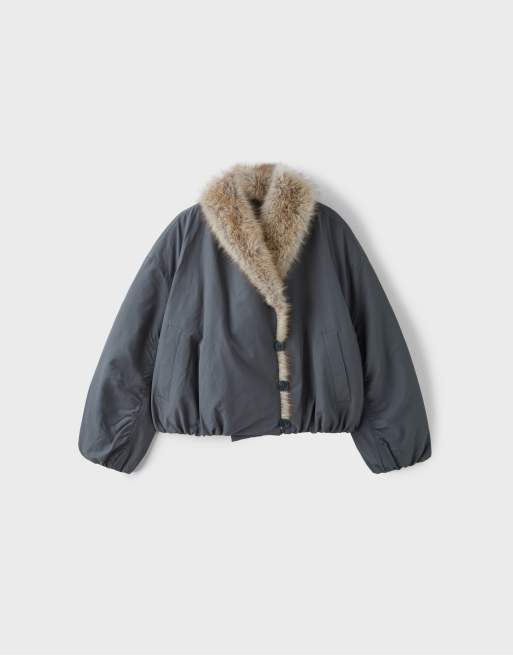 Stradivarius gewatteerd jack met faux-fur sjaalkraag in donkergrijs, 6 van 7