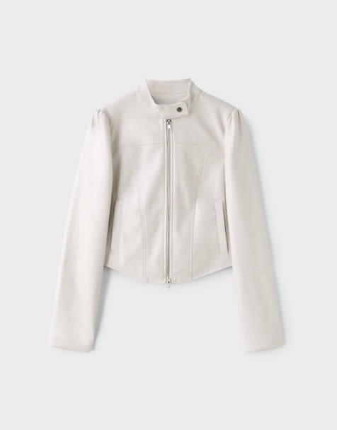 Stradivarius giacca biker corta effetto pelle color ecru - view 1