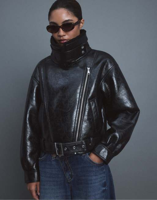 Stradivarius giacca biker double-face con collo alto nera, 2 di 7