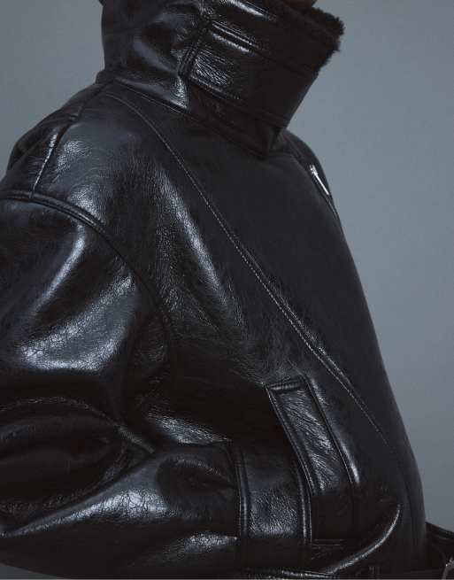 Stradivarius giacca biker double-face con collo alto nera, 4 di 7