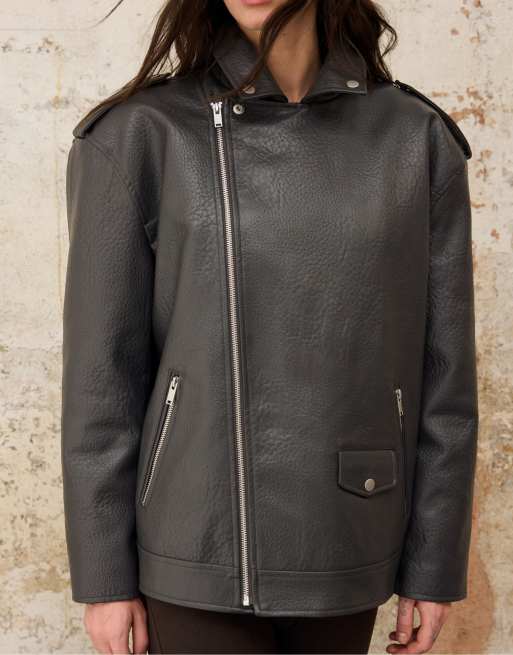 Stradivarius giacca biker effetto pelle grigio scuro, 4 di 7