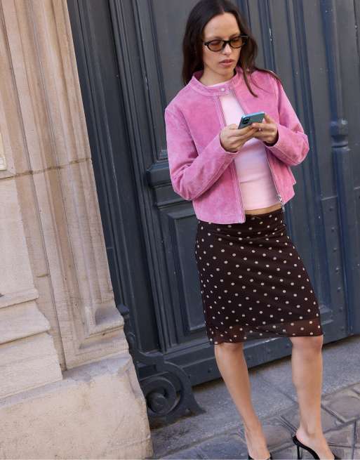 Stradivarius - Giacca biker in 100% pelle color rosa Big Babol, 2 di 4