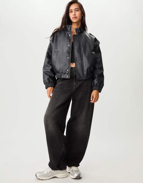 Stradivarius - Giacca bomber in pelle sintetica nera - view 1