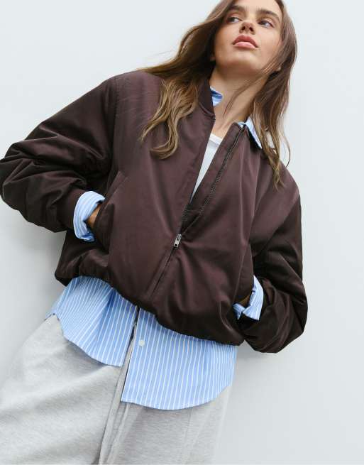 Stradivarius - Giacca bomber viola con dettagli a contrasto