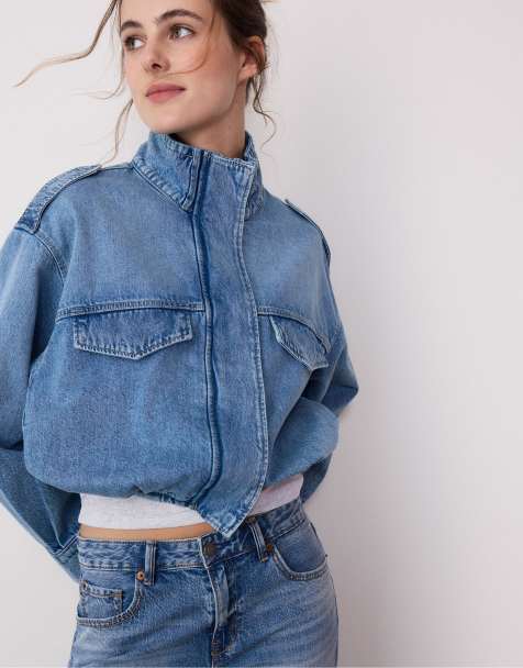 Stradivarius - Giacca di jeans a palloncino in denim azzurro medio - view 1