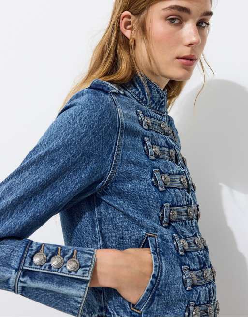 Stradivarius giacca di jeans abbottonata in denim blu sovratinto 100% cotone, 5 di 7
