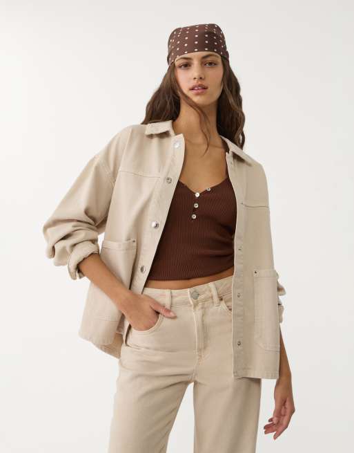 Stradivarius - Giacca di jeans beige con tasche