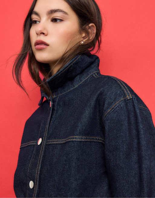 Stradivarius - Giacca di jeans blu lavaggio risciacquato con tasche, 3 di 4