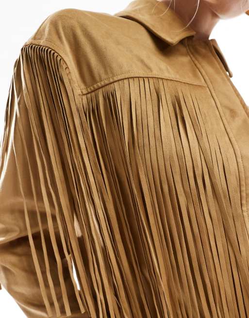Stradivarius Giacca in camoscio sintetico color cammello con frange stile bohemien