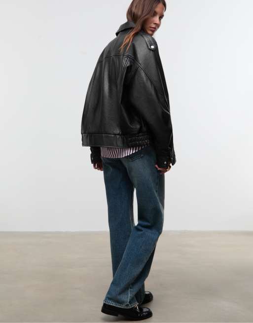 Stradivarius - Giacca oversize nera in 100% pelle, 2 di 4
