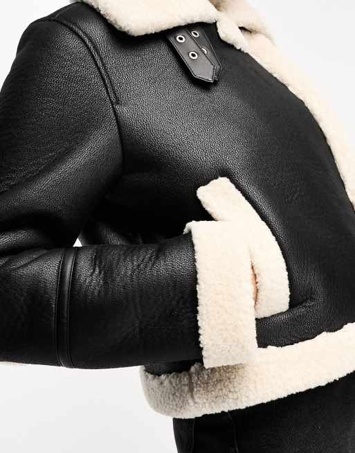 Stradivarius - Giacca stile aviatore avvolgente nera con pile borg a contrasto , 2 di 4