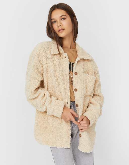 Stradivarius - Giacca stile camicia in pile borg beige
