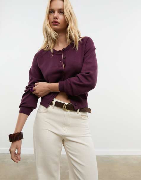 Stradivarius - Gilet boutonné en maille à manches raglan - Aubergine - view 1
