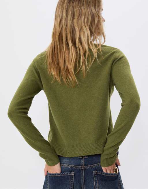 Stradivarius - Gilet boutonné en maille douce - Vert olive, 4 de 4