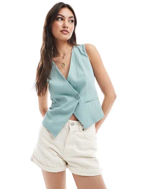 Stradivarius - Gilet de costume asymétrique - Bleu sarcelle - view 1