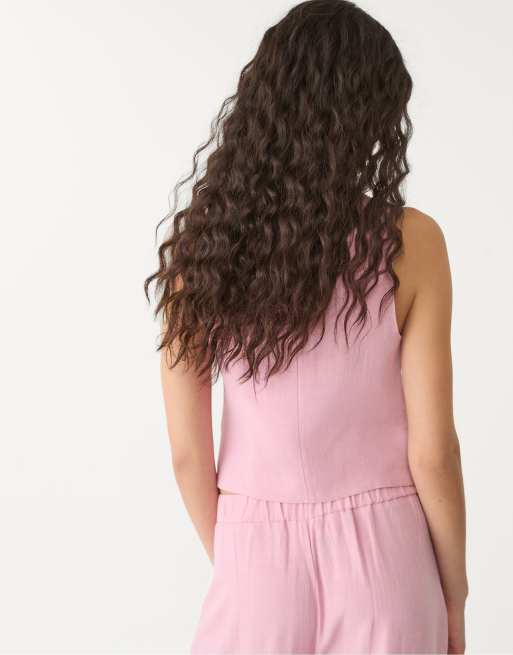 Stradivarius - Gilet de costume boutonné en lin mélangé - Rose pastel, 4 de 4
