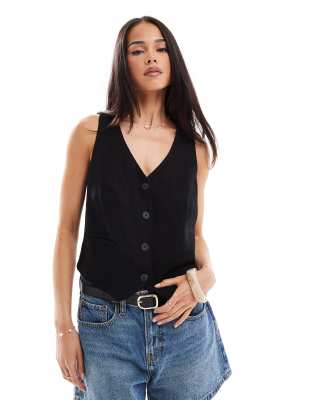 Stradivarius - Gilet de tailleur aspect lin - Noir