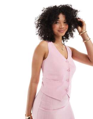 Stradivarius - Gilet de tailleur boutonné en lin mélangé - Rose pastel