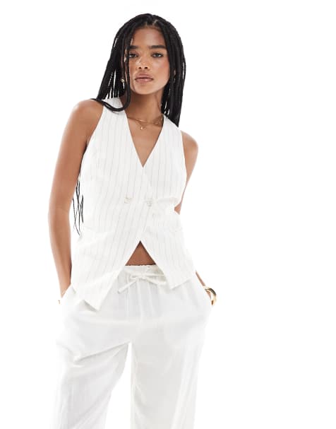 Stradivarius - Gilet de tailleur dos nu à liens noués - Blanc à rayures - view 1
