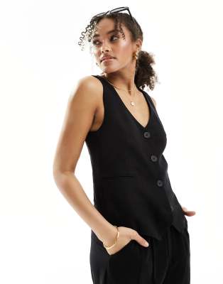 Stradivarius - Gilet effetto lino nero in coordinato - view 1