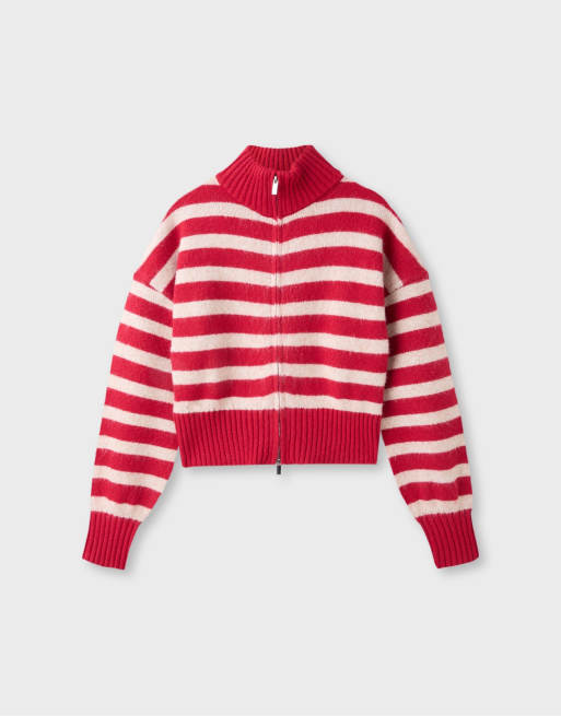 Stradivarius gilet en maille rayée zippé rouge, 6 de 7