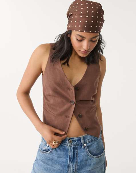 Stradivarius - Gilet in misto lino marrone con bottoni - view 1