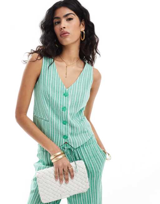 Stradivarius - Gilet met linnen-look in groen gestreept 